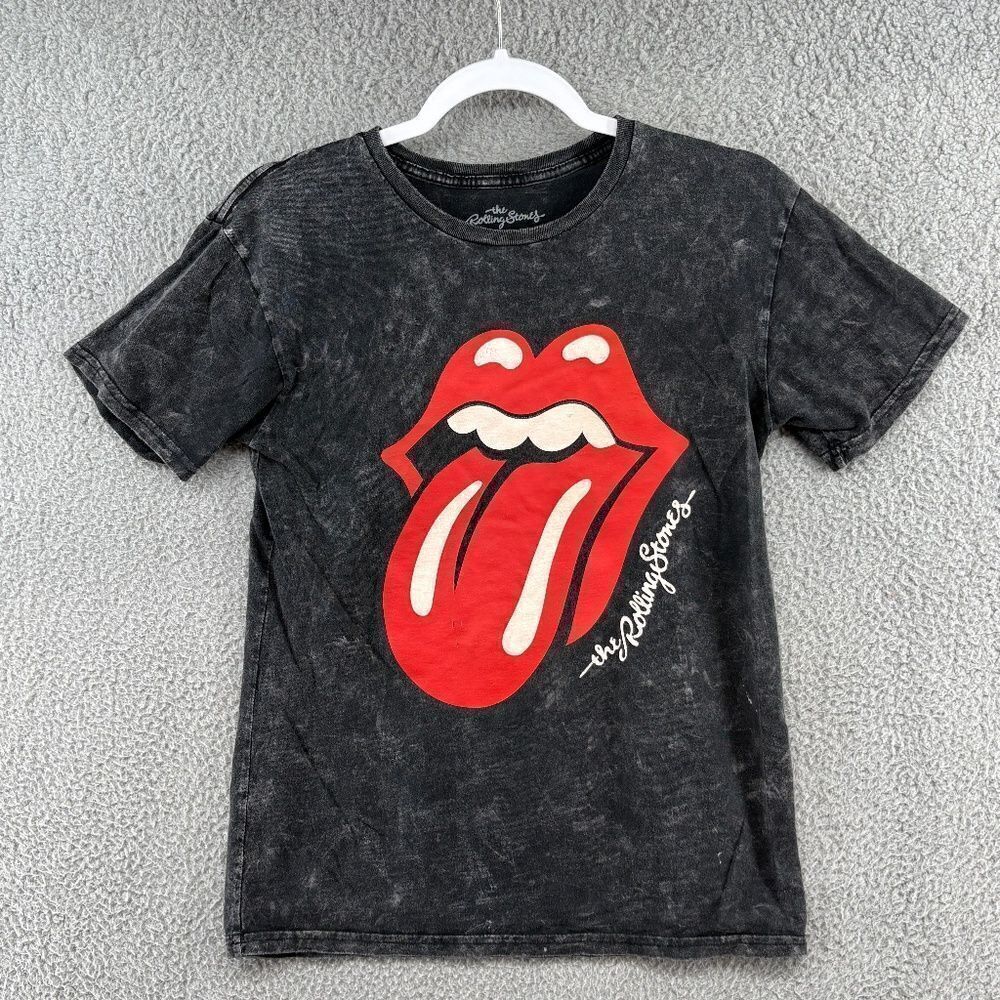 The Rolling Stones Band Tee S Black Acid Wash Tongue Logo T-Shirt Bravado Unisex